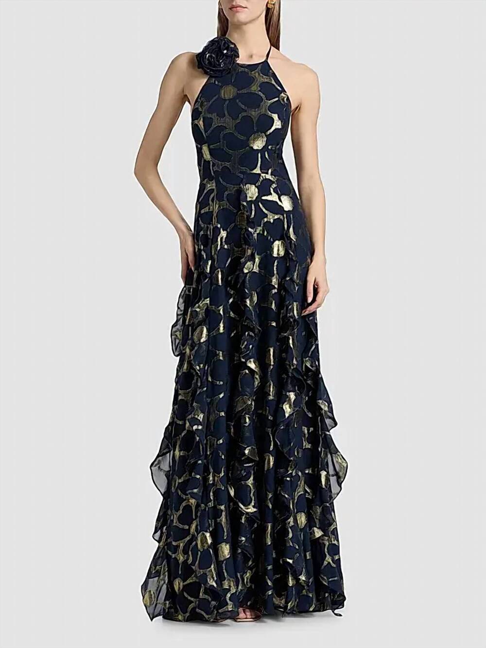NEW RAMY BROOK idella daisy metallic gown in navy jacquard